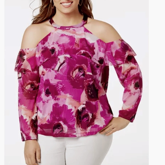 INC International Concepts Tops - INC Macy's Plus Floral Cold Shoulder Blouse Top 1X